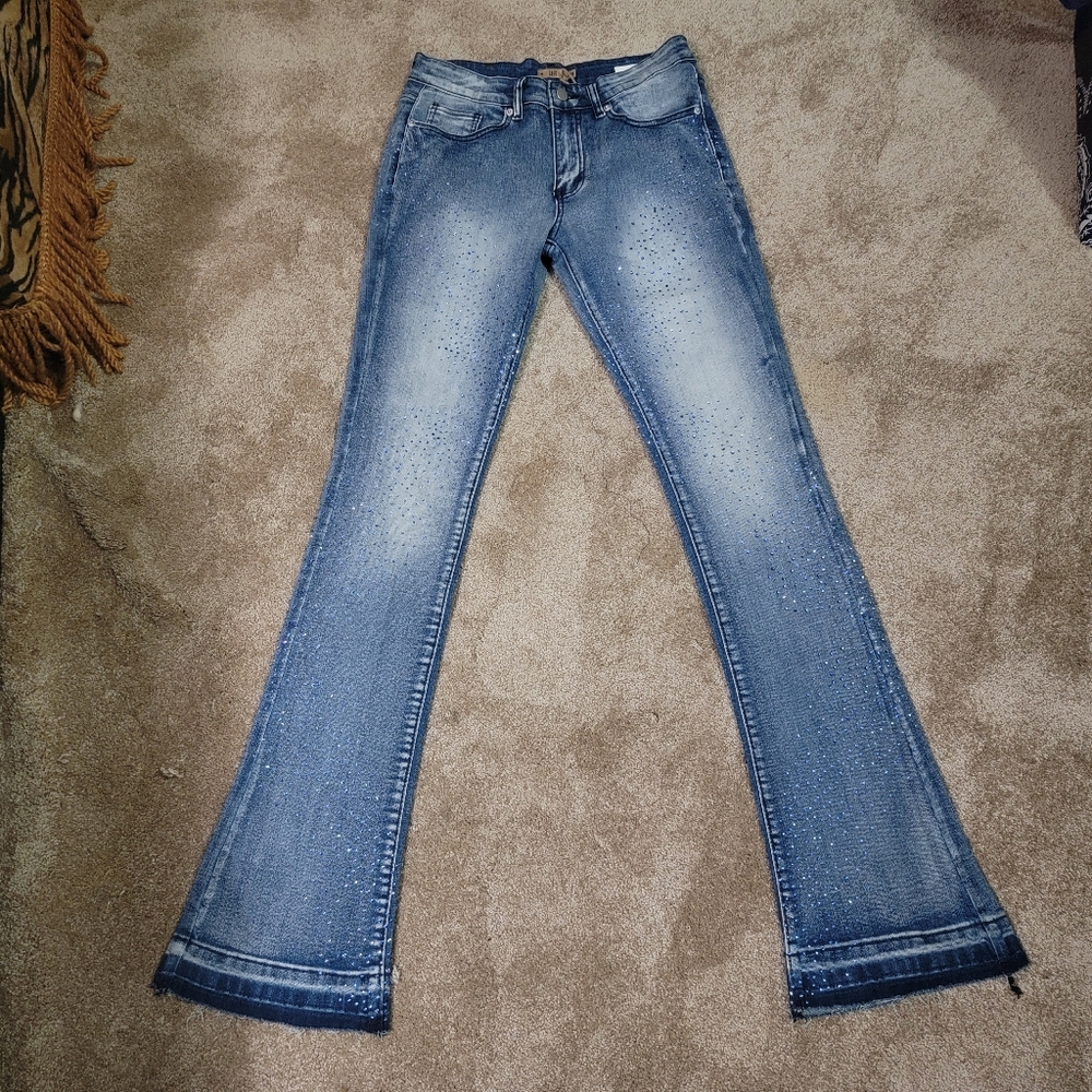 Mens Skinny Boot Cut Blue Jeans W Blue Rhinestone Sz 28 New W Tag